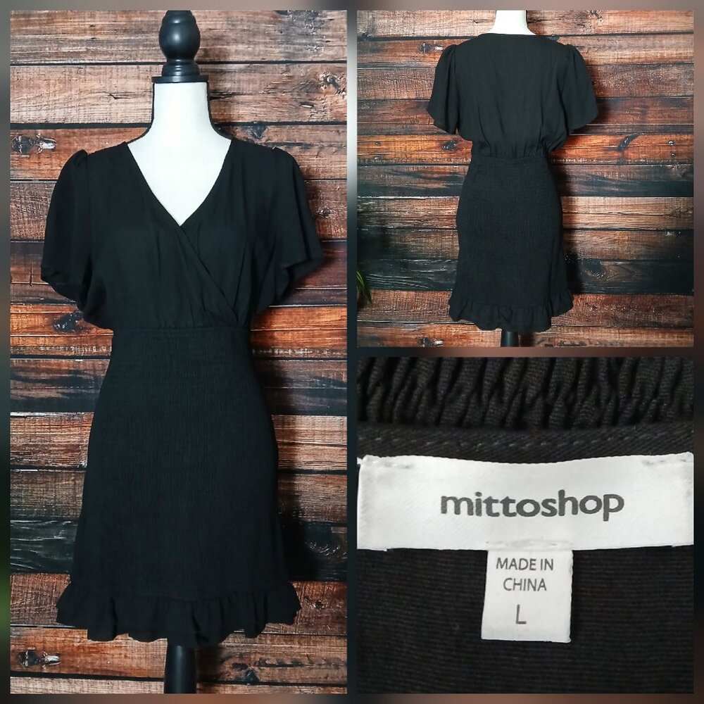 Mittoshop Dress L Smocked Skirt Surplice Ruffle Hem LBD Rayon Linen Blend